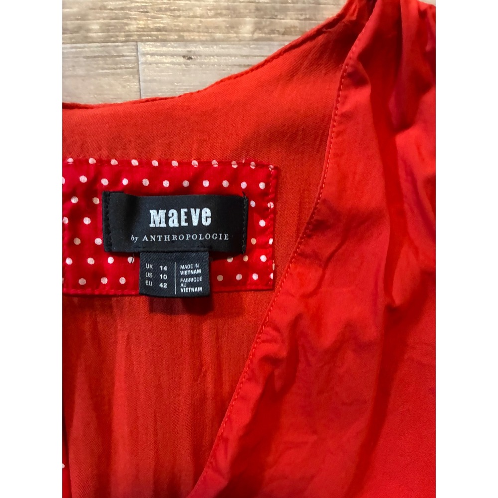 Maeve by Anthropologie Red Cotton Tiered Midi Dress Wrap Neck Tie Waist Sz 10 - Picture 4 of 6